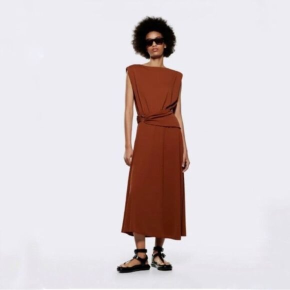 New With Tag Zara Belted Midi Dress Brown Size XL - Picture 3 of 9